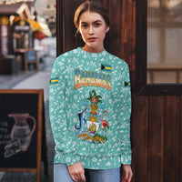 Bahamas Christmas Ugly Christmas Sweater with Teal Palm Pattern Carnival Santa and National Emblem Motif - Wonder Print Shop