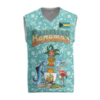 Bahamas Christmas Knitted V-Neck Vest with Teal Palm Pattern Carnival Santa and National Emblem Motif - Wonder Print Shop