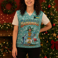 Bahamas Christmas Knitted V-Neck Vest with Teal Palm Pattern Carnival Santa and National Emblem Motif - Wonder Print Shop