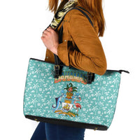 Bahamas Christmas Leather Tote Bag with Teal Palm Pattern Carnival Santa and National Emblem Motif - Wonder Print Shop