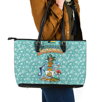 Bahamas Christmas Leather Tote Bag with Teal Palm Pattern Carnival Santa and National Emblem Motif - Wonder Print Shop