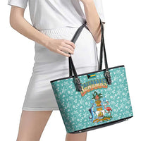 Bahamas Christmas Leather Tote Bag with Teal Palm Pattern Carnival Santa and National Emblem Motif - Wonder Print Shop