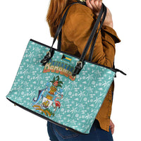 Bahamas Christmas Leather Tote Bag with Teal Palm Pattern Carnival Santa and National Emblem Motif - Wonder Print Shop