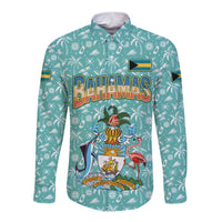 Bahamas Christmas Long Sleeve Button Shirt with Teal Palm Pattern Carnival Santa and National Emblem Motif - Wonder Print Shop