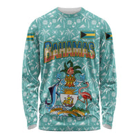 Bahamas Christmas Long Sleeve Shirt with Teal Palm Pattern Carnival Santa and National Emblem Motif - Wonder Print Shop