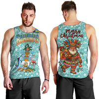 Bahamas Christmas Men Tank Top with Teal Palm Pattern Carnival Santa and National Emblem Motif - Wonder Print Shop