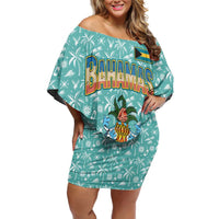 Bahamas Christmas Off Shoulder Short Dress with Teal Palm Pattern Carnival Santa and National Emblem Motif - Wonder Print Shop
