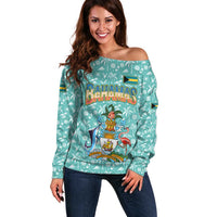 Bahamas Christmas Off Shoulder Sweater with Teal Palm Pattern Carnival Santa and National Emblem Motif - Wonder Print Shop
