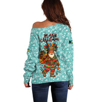 Bahamas Christmas Off Shoulder Sweater with Teal Palm Pattern Carnival Santa and National Emblem Motif - Wonder Print Shop