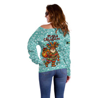 Bahamas Christmas Off Shoulder Sweater with Teal Palm Pattern Carnival Santa and National Emblem Motif - Wonder Print Shop