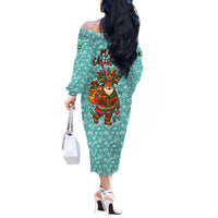 Bahamas Christmas Off The Shoulder Long Sleeve Dress with Teal Palm Pattern Carnival Santa and National Emblem Motif - Wonder Print Shop