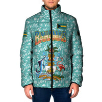 Bahamas Christmas Padded Jacket with Teal Palm Pattern Carnival Santa and National Emblem Motif - Wonder Print Shop