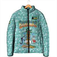 Bahamas Christmas Padded Jacket with Teal Palm Pattern Carnival Santa and National Emblem Motif - Wonder Print Shop