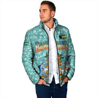 Bahamas Christmas Padded Jacket with Teal Palm Pattern Carnival Santa and National Emblem Motif - Wonder Print Shop
