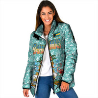 Bahamas Christmas Padded Jacket with Teal Palm Pattern Carnival Santa and National Emblem Motif - Wonder Print Shop