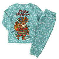 Bahamas Christmas Pajama Set with Teal Palm Pattern Carnival Santa and National Emblem Motif - Wonder Print Shop