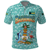 Bahamas Christmas Polo Shirt with Teal Palm Pattern Carnival Santa and National Emblem Motif - Wonder Print Shop