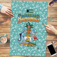 Bahamas Christmas Puzzle with Teal Palm Pattern Carnival Santa and National Emblem Motif - Wonder Print Shop