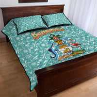 Bahamas Christmas Quilt Bed Set with Teal Palm Pattern Carnival Santa and National Emblem Motif - Wonder Print Shop