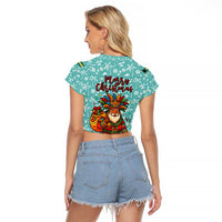 Bahamas Christmas Raglan Cropped T Shirt with Teal Palm Pattern Carnival Santa and National Emblem Motif - Wonder Print Shop