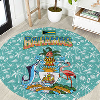 Bahamas Christmas Round Carpet with Teal Palm Pattern Carnival Santa and National Emblem Motif - Wonder Print Shop