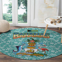 Bahamas Christmas Round Carpet with Teal Palm Pattern Carnival Santa and National Emblem Motif - Wonder Print Shop