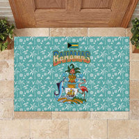 Bahamas Christmas Rubber Doormat with Teal Palm Pattern Carnival Santa and National Emblem Motif - Wonder Print Shop