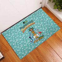 Bahamas Christmas Rubber Doormat with Teal Palm Pattern Carnival Santa and National Emblem Motif - Wonder Print Shop