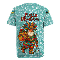 Bahamas Christmas Rugby Jersey with Teal Palm Pattern Carnival Santa and National Emblem Motif - Wonder Print Shop