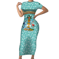 Bahamas Christmas Short Sleeve Bodycon Dress with Teal Palm Pattern Carnival Santa and National Emblem Motif - Wonder Print Shop