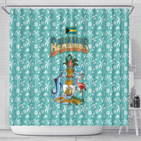 Bahamas Christmas Shower Curtain with Teal Palm Pattern Carnival Santa and National Emblem Motif - Wonder Print Shop