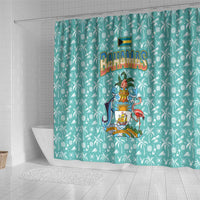 Bahamas Christmas Shower Curtain with Teal Palm Pattern Carnival Santa and National Emblem Motif - Wonder Print Shop