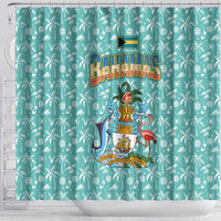 Bahamas Christmas Shower Curtain with Teal Palm Pattern Carnival Santa and National Emblem Motif - Wonder Print Shop