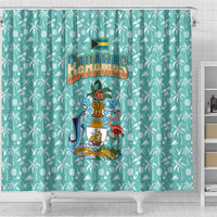 Bahamas Christmas Shower Curtain with Teal Palm Pattern Carnival Santa and National Emblem Motif - Wonder Print Shop