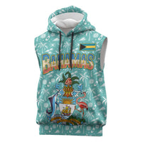 Bahamas Christmas Sleeveless Hoodie with Teal Palm Pattern Carnival Santa and National Emblem Motif - Wonder Print Shop