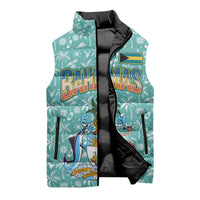 Bahamas Christmas Sleeveless Puffer Jacket with Teal Palm Pattern Carnival Santa and National Emblem Motif - Wonder Print Shop