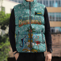 Bahamas Christmas Sleeveless Puffer Jacket with Teal Palm Pattern Carnival Santa and National Emblem Motif - Wonder Print Shop