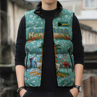 Bahamas Christmas Sleeveless Puffer Jacket with Teal Palm Pattern Carnival Santa and National Emblem Motif - Wonder Print Shop