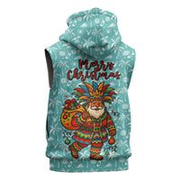 Bahamas Christmas Sleeveless Zip Hoodie with Teal Palm Pattern Carnival Santa and National Emblem Motif - Wonder Print Shop