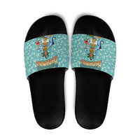 Bahamas Christmas Slide Sandals with Teal Palm Pattern Carnival Santa and National Emblem Motif - Wonder Print Shop