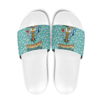 Bahamas Christmas Slide Sandals with Teal Palm Pattern Carnival Santa and National Emblem Motif - Wonder Print Shop