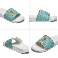 Bahamas Christmas Slide Sandals with Teal Palm Pattern Carnival Santa and National Emblem Motif - Wonder Print Shop