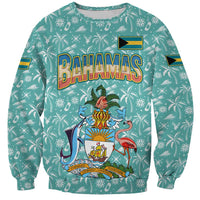 Bahamas Christmas Sweatshirt with Teal Palm Pattern Carnival Santa and National Emblem Motif - Wonder Print Shop