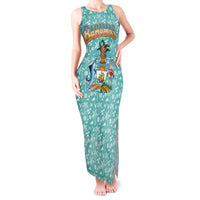 Bahamas Christmas Tank Maxi Dress with Teal Palm Pattern Carnival Santa and National Emblem Motif - Wonder Print Shop