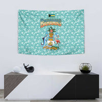 Bahamas Christmas Tapestry with Teal Palm Pattern Carnival Santa and National Emblem Motif - Wonder Print Shop