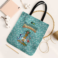 Bahamas Christmas Tote Bag with Teal Palm Pattern Carnival Santa and National Emblem Motif - Wonder Print Shop