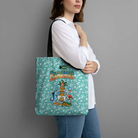 Bahamas Christmas Tote Bag with Teal Palm Pattern Carnival Santa and National Emblem Motif - Wonder Print Shop