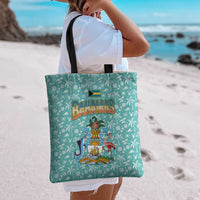 Bahamas Christmas Tote Bag with Teal Palm Pattern Carnival Santa and National Emblem Motif - Wonder Print Shop