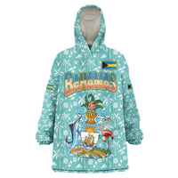 Bahamas Christmas Wearable Blanket Hoodie with Teal Palm Pattern Carnival Santa and National Emblem Motif - Wonder Print Shop