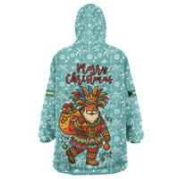 Bahamas Christmas Wearable Blanket Hoodie with Teal Palm Pattern Carnival Santa and National Emblem Motif - Wonder Print Shop
